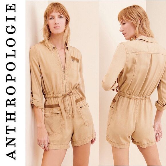 Anthropologie Ivy Utility Zip Up Tencel Romper One Piece Jumpsuit Yellow S - Picture 1 of 15